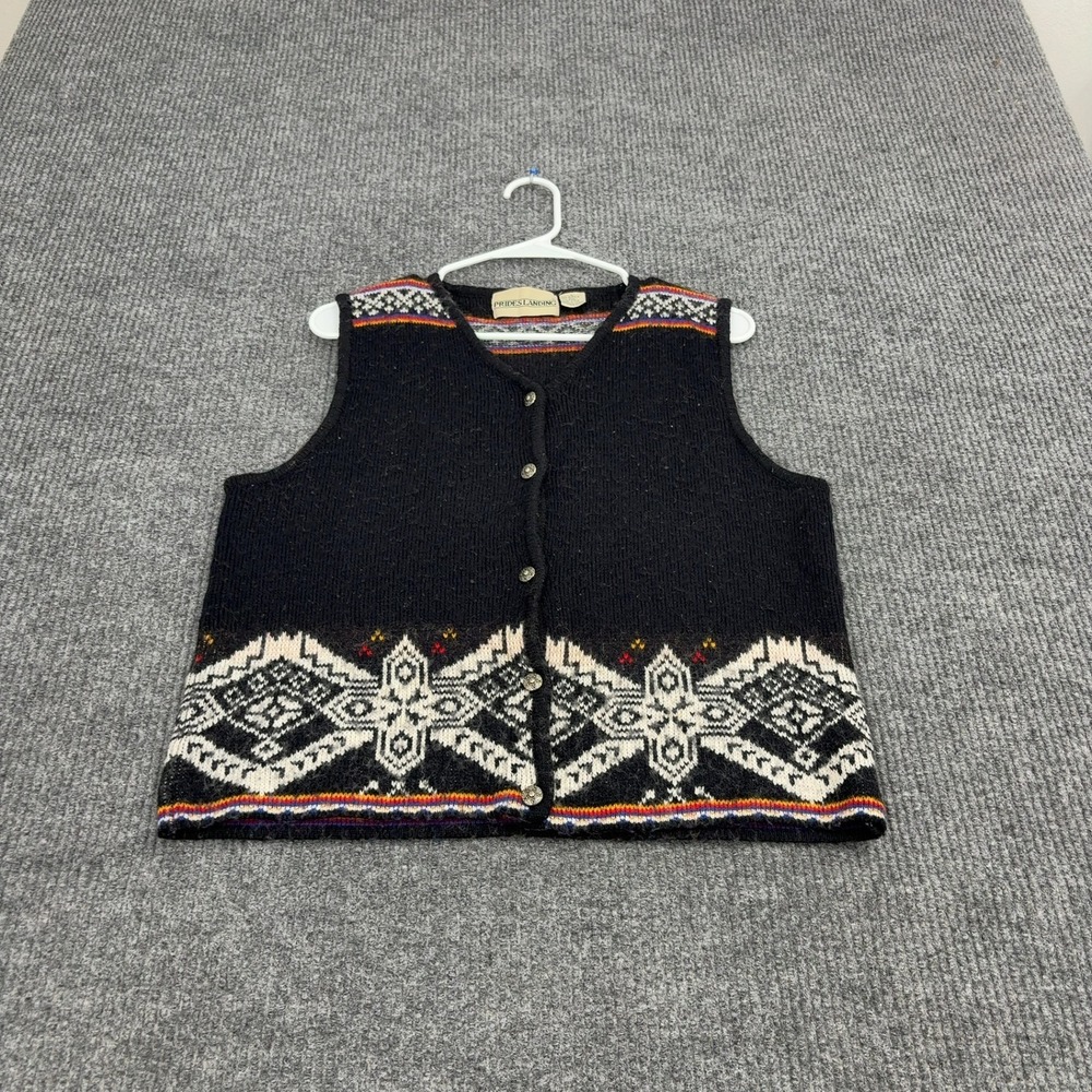 Vintage Prides Landing Sweater Vest Womens L Black Acrylic Wool Fair Isle Boho‎